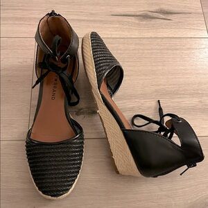 Lucky Brand Black + Tan Espadrille Lace Up Wedge Sandals